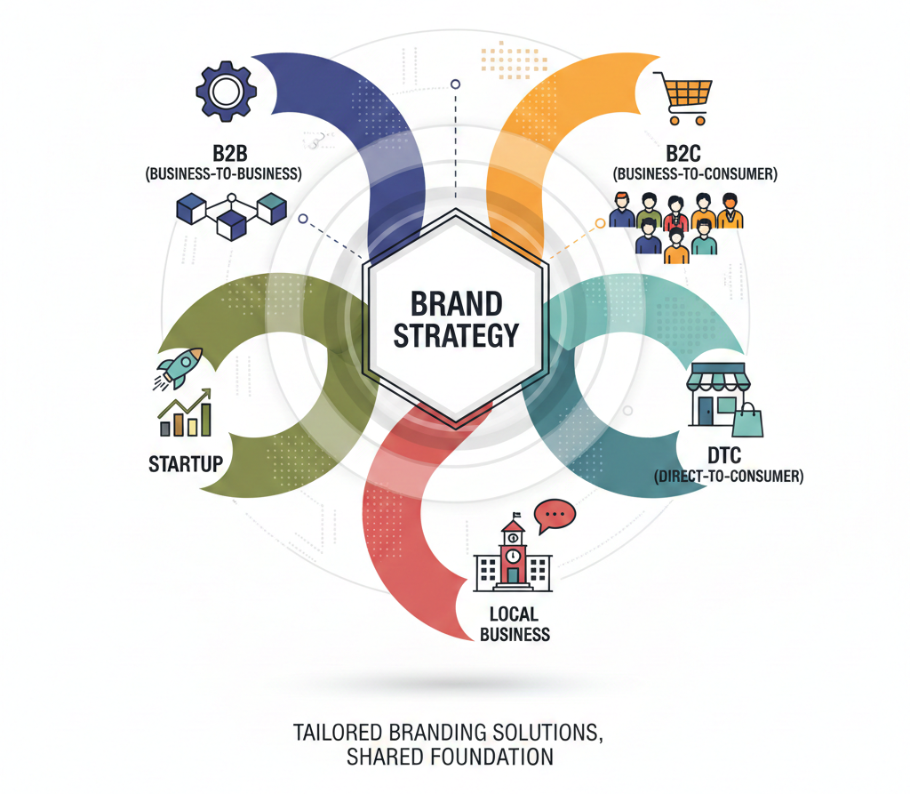 A conceptual illustration showing a brand strategy branching into B2B, B2C, DTC, startup, and local business use cases.