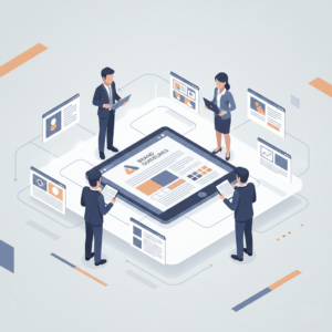 A conceptual illustration of a team aligned around a brand guide, representing internal organization and adaptable brand strategy.