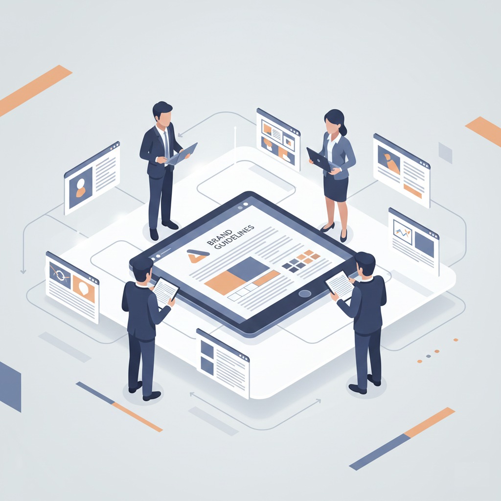 A conceptual illustration of a team aligned around a brand guide, representing internal organization and adaptable brand strategy.