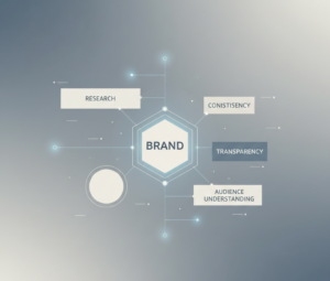 A conceptual illustration showing brand discovery and market research forming a foundation of trust for an online business.