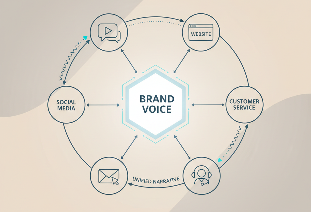 A conceptual illustration of a brand communicating a consistent message across digital channels to build trust and brand positioning.