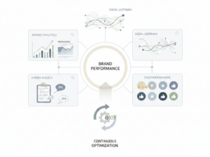 A conceptual illustration showing analytics dashboards, surveys, and reviews used to measure and optimize brand performance.
