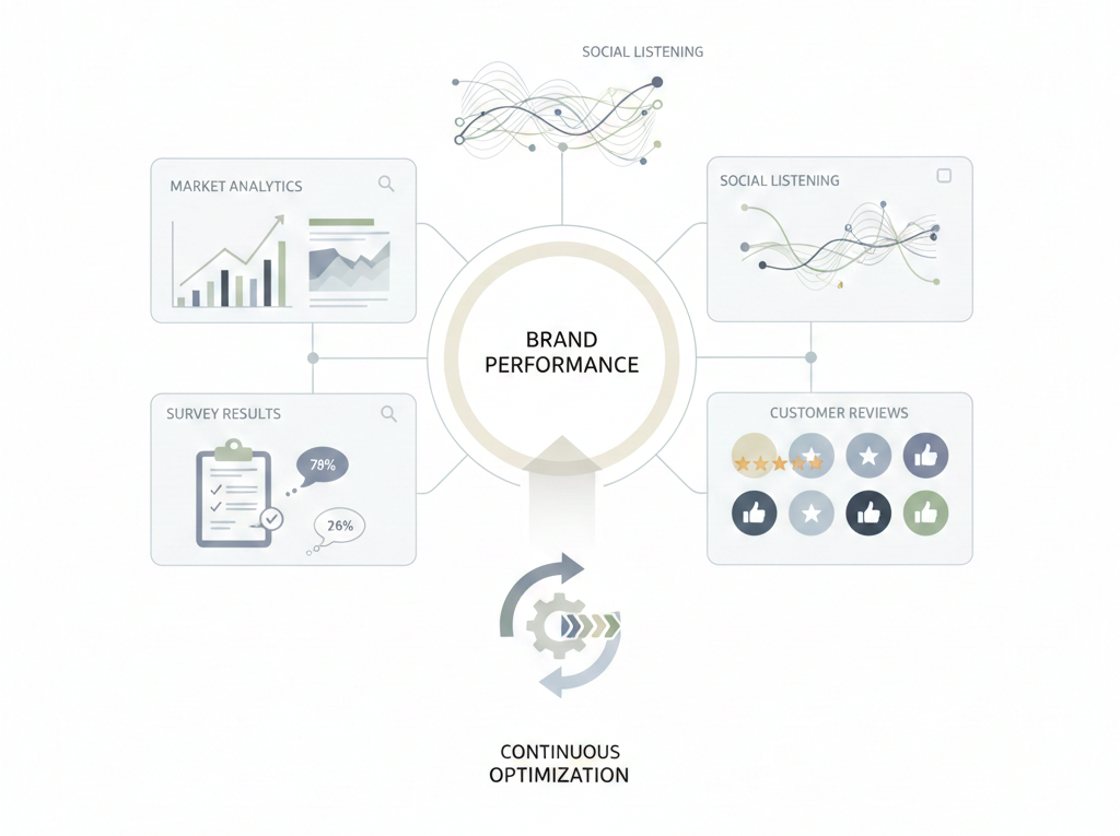 A conceptual illustration showing analytics dashboards, surveys, and reviews used to measure and optimize brand performance.