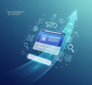 A conceptual illustration showing a website improving search visibility through SEO, keywords, and organic growth.