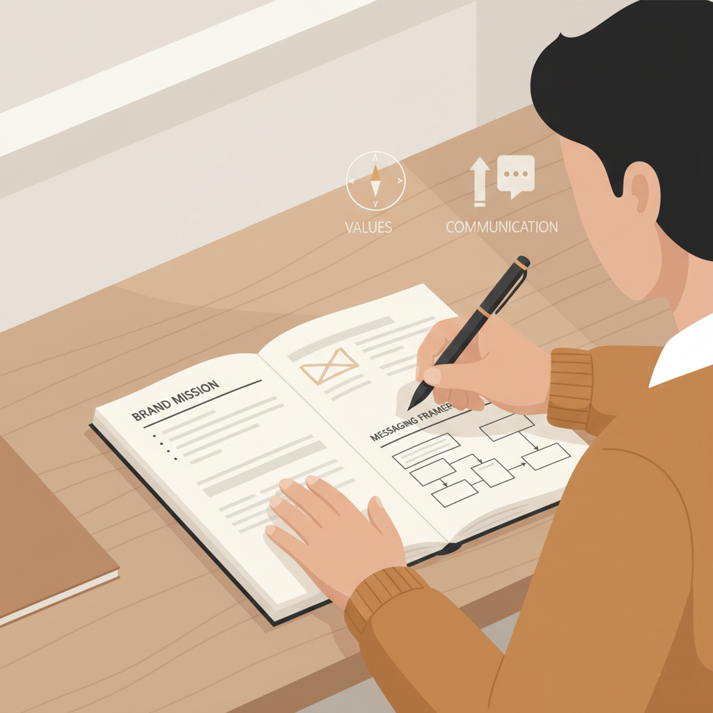 An illustration of a business owner writing a brand mission and messaging framework, representing the transition from ideas to strategy.